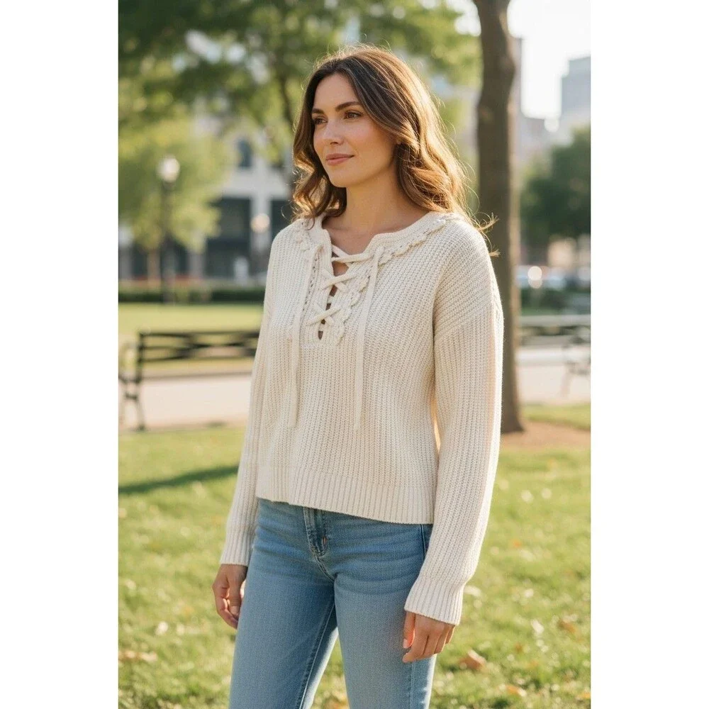 Derek Lam 10 Crossby Arif Lace Up Cotton Cashmere Crewneck Sweater L Women's Lux